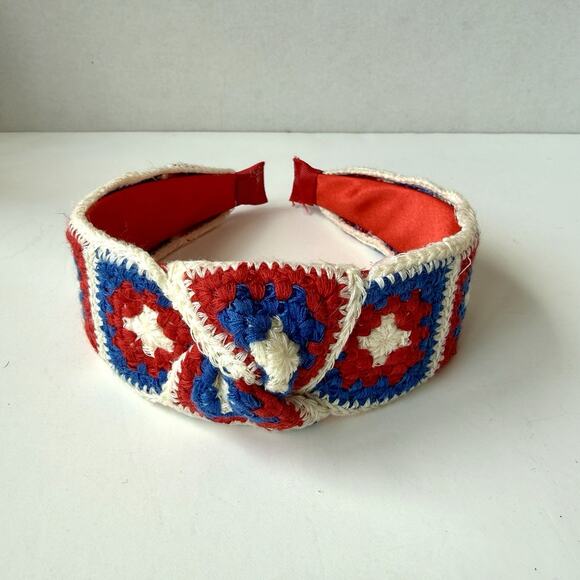 Vintage Headband Crochet Over Plastic Patriotic Granny Squares Boho Retro Chic